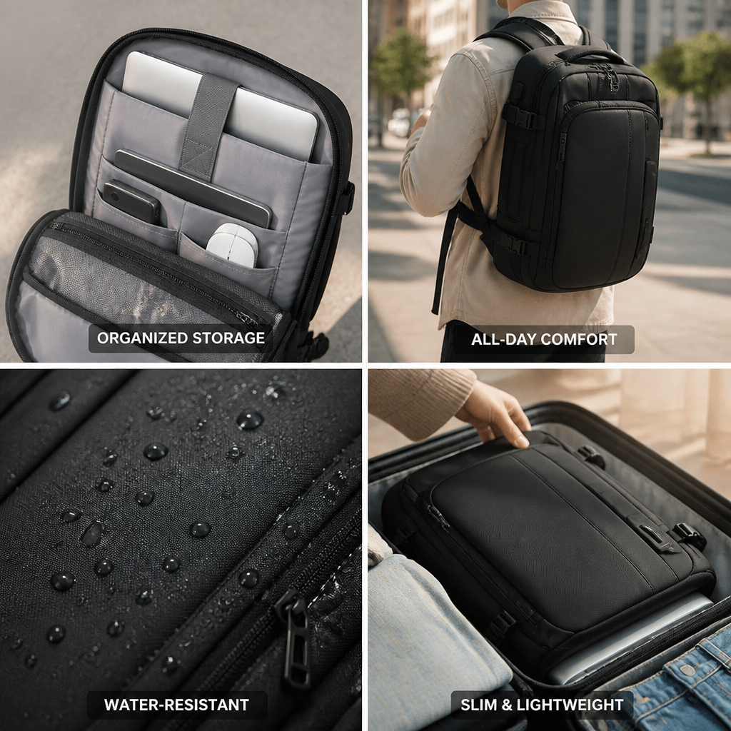 Slim Lightweight Water-Resistant Travel Backpack (Padded Laptop Sleeve)