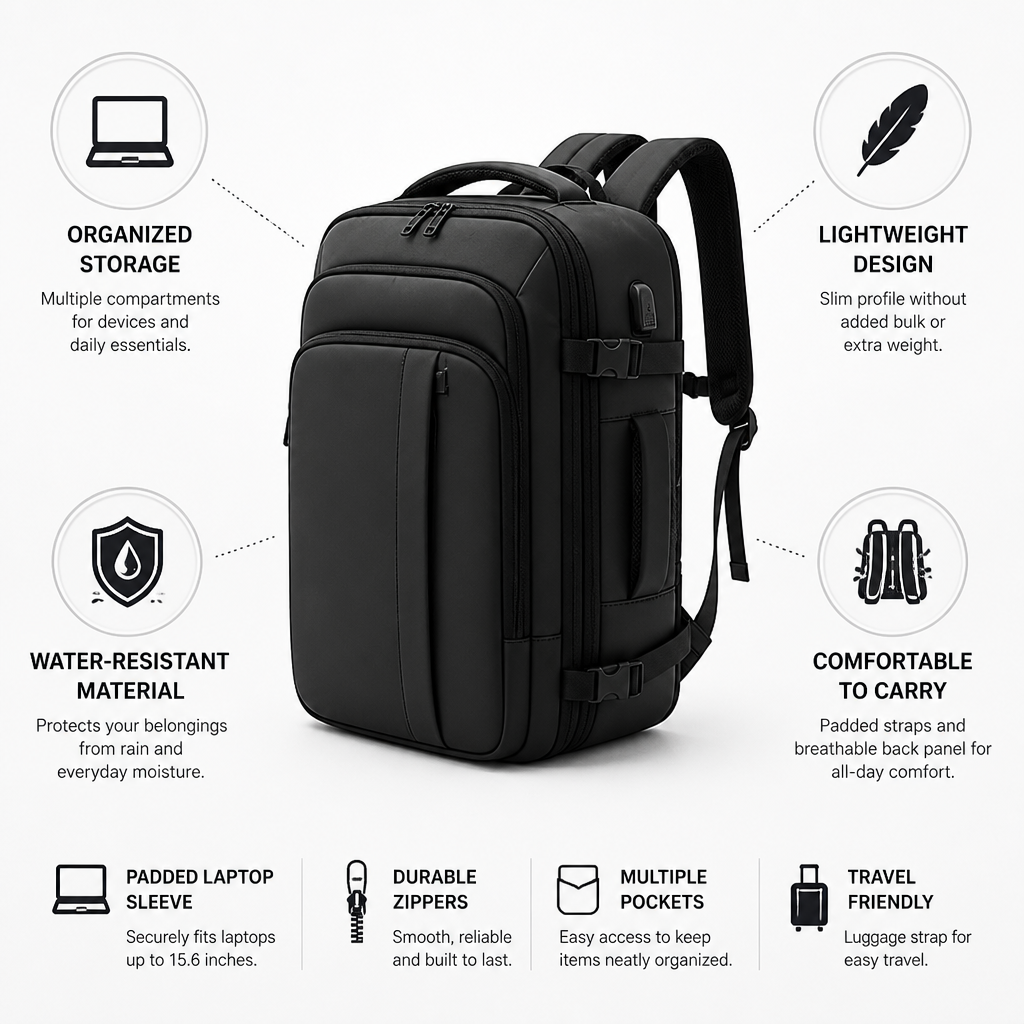 Slim Lightweight Water-Resistant Travel Backpack (Padded Laptop Sleeve)