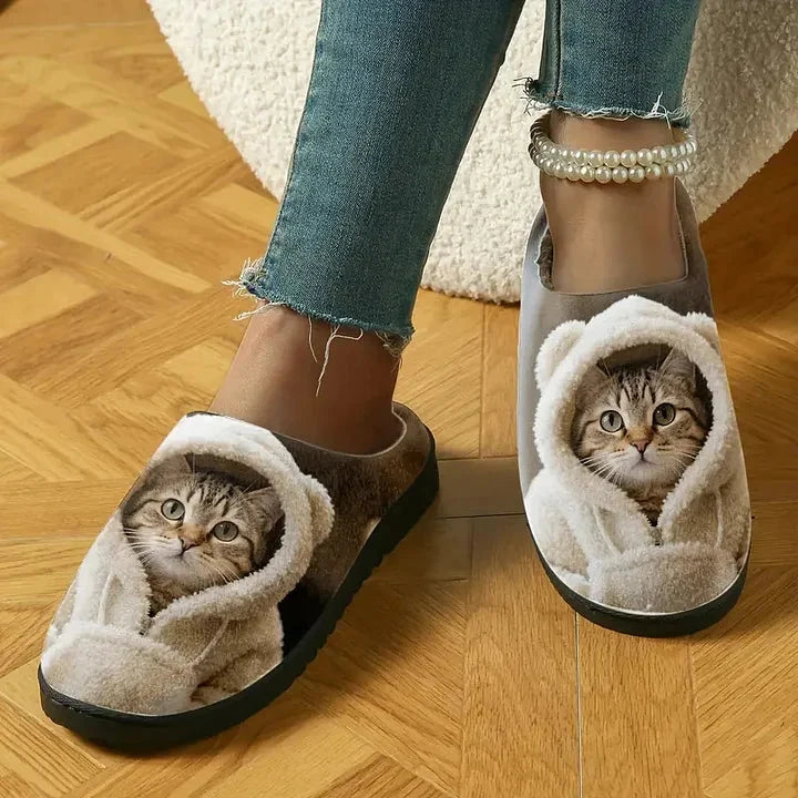 Slippers 3D Cat Design Faux Fur Lining Non-Slip Sole