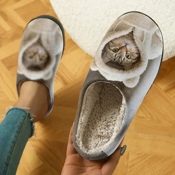 Slippers 3D Cat Face Faux Fur Lining Non-Slip