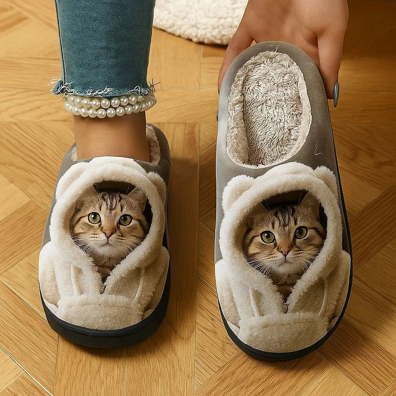 Slippers 3D Cat Face Faux Fur Lining Non-Slip Sole