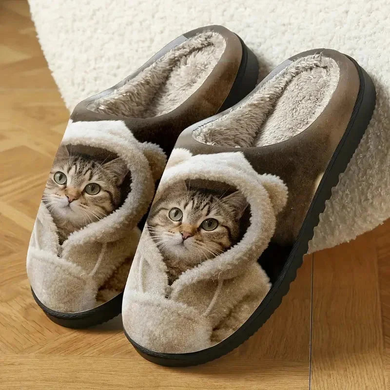 Slippers 3D Cat Face Faux Fur Lining Non-Slip Sole