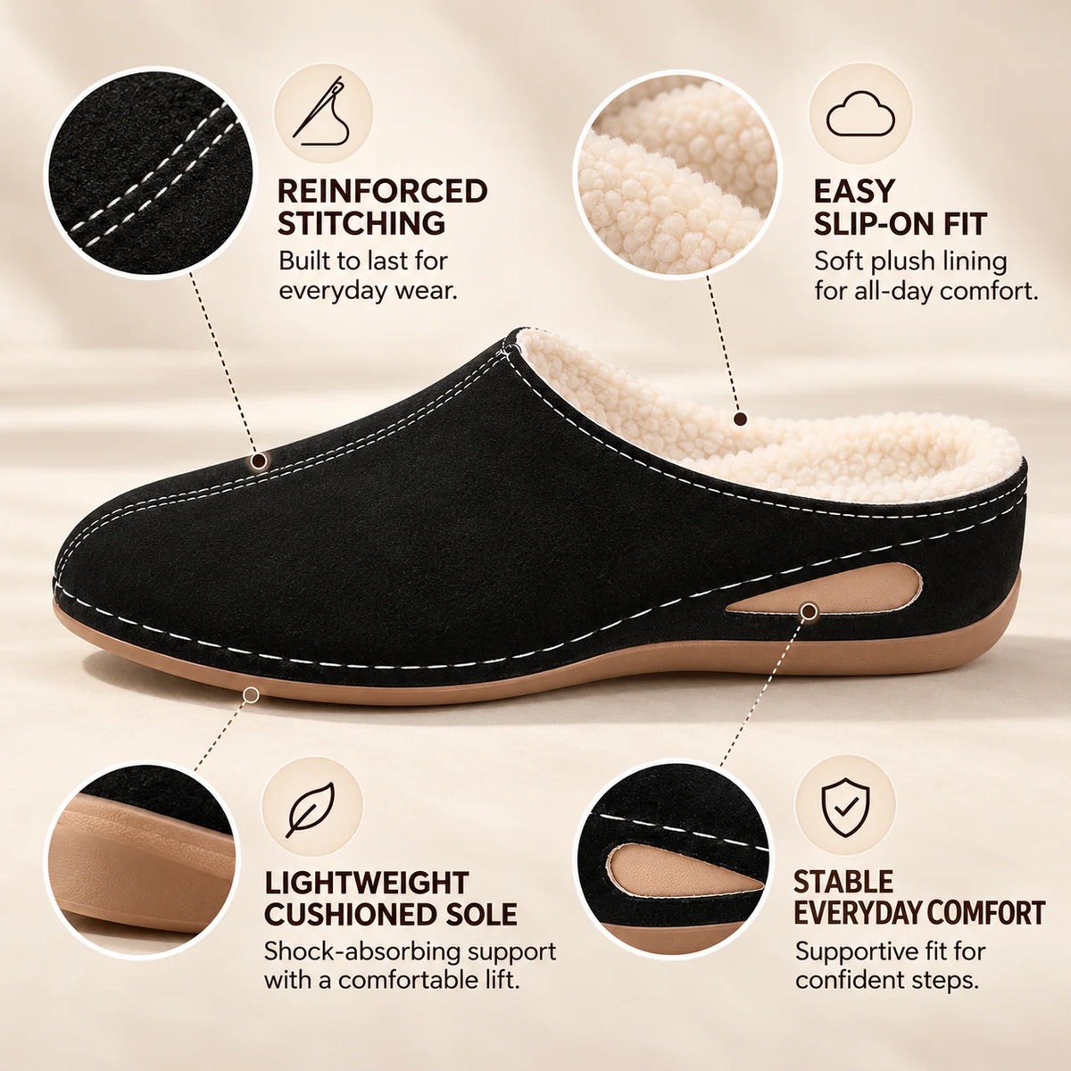 Slippers Plush Lined Arch Support Cushioned Sole