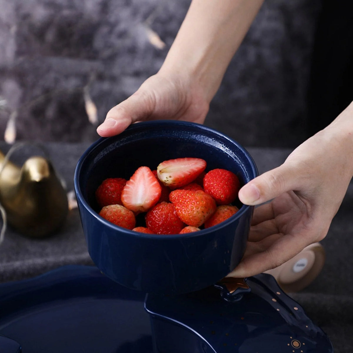 Snack Plate Ceramic Rotating 5 Compartments Starry Sky Design