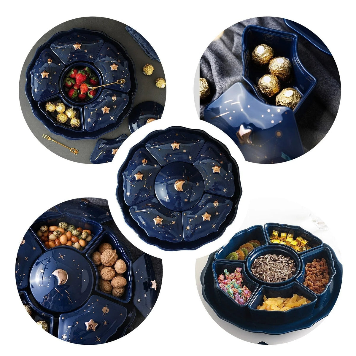 Snack Plate Ceramic Rotating 5 Compartments Starry Sky Design