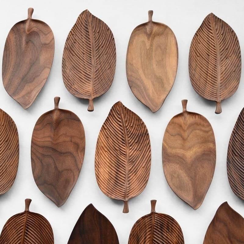 Snack Serving Tray Walnut Wood Leaf-Shaped Design Lined or Smooth Finish
