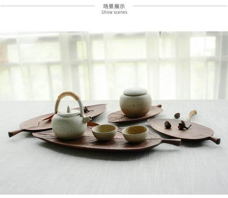 Snack Serving Tray Walnut Wood Leaf-Shaped Design Lined or Smooth Finish