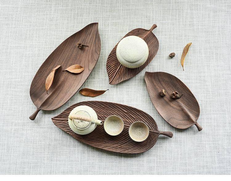 Snack Serving Tray Walnut Wood Leaf-Shaped Design Lined or Smooth Finish