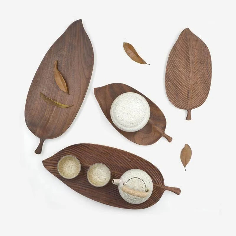 Snack Serving Tray Walnut Wood Leaf-Shaped Design Lined or Smooth Finish