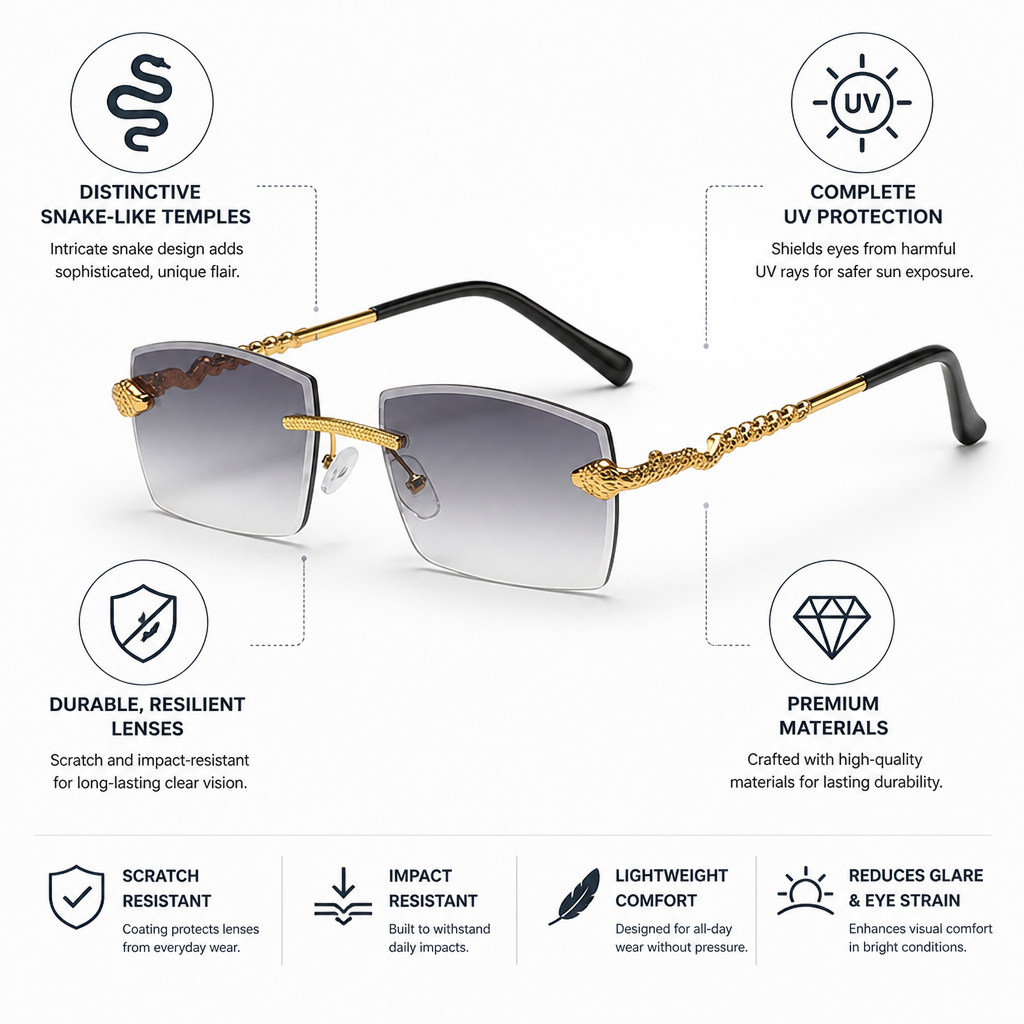 Snake-Style Temples & UV-Protective Rimless Sunglasses