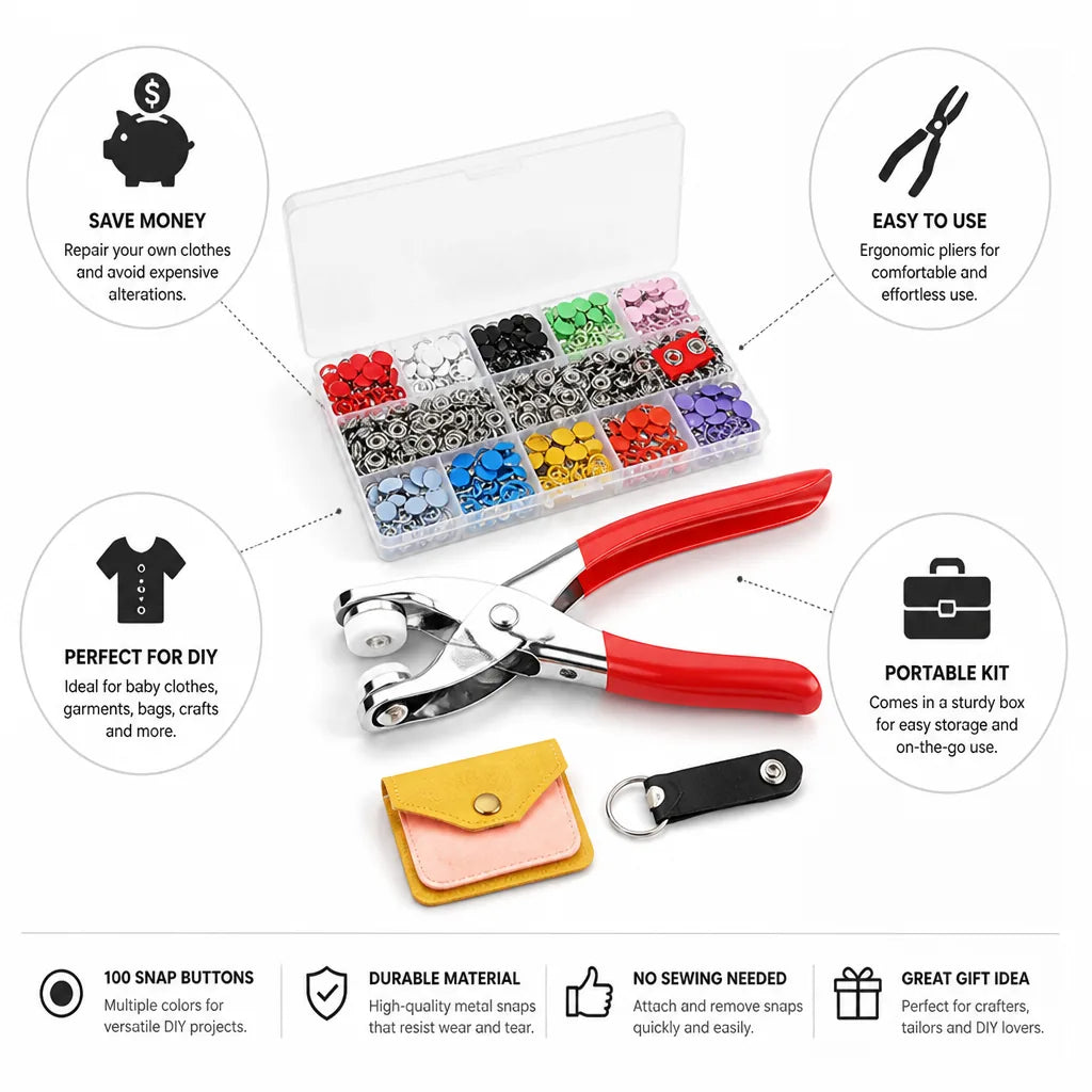 Snap Fastener Kit Ergonomic Pliers & 100 Snaps