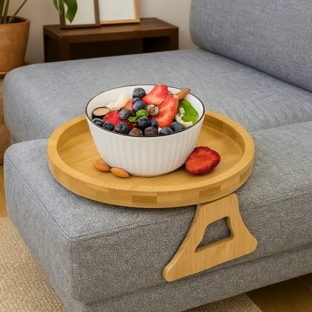 Sofa Armrest Tray Table Foldable Weighted & Strap-Secured