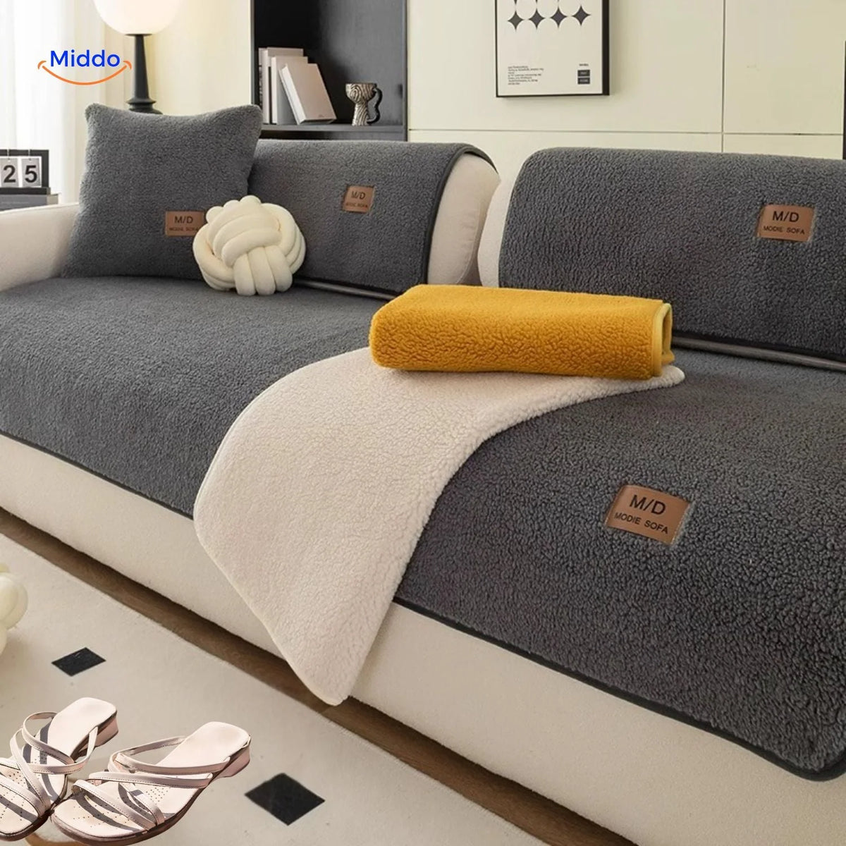 Sofa Cover Plush Faux Fur Non-Slip Backing Wipe-Clean Surface