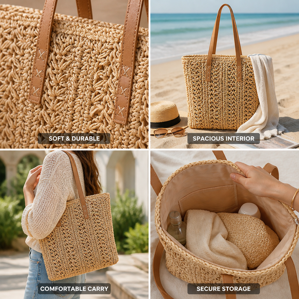Soft Fabric & Leather Handles Beach Bag