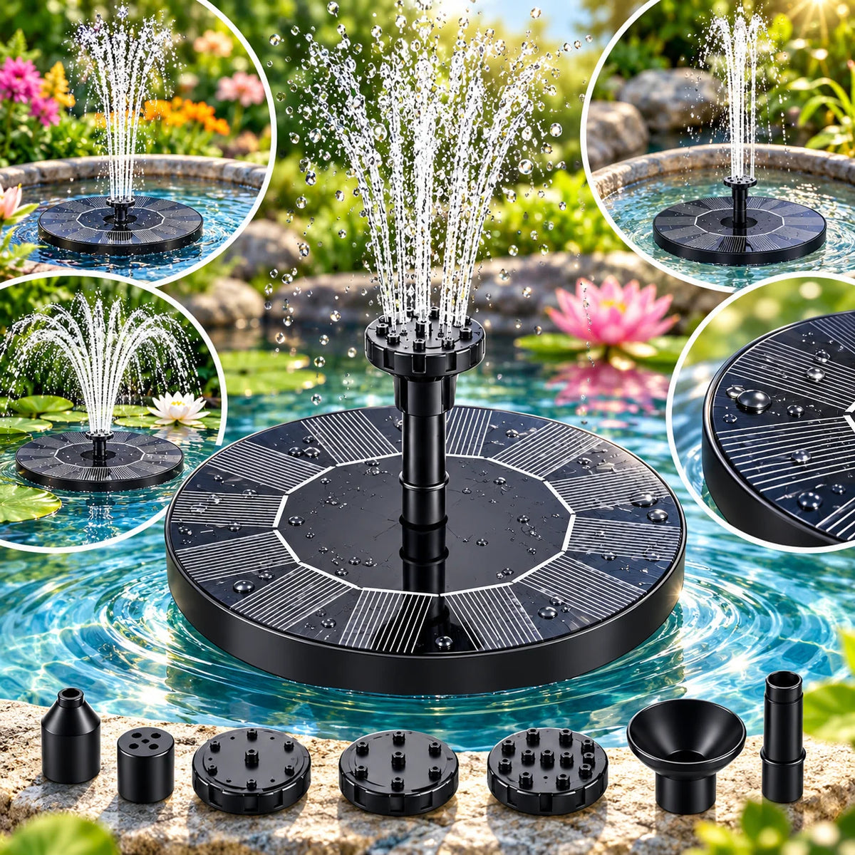 Solar Fountain Pump Floating Solar-Powered Cord-Free Interchangeable Heads