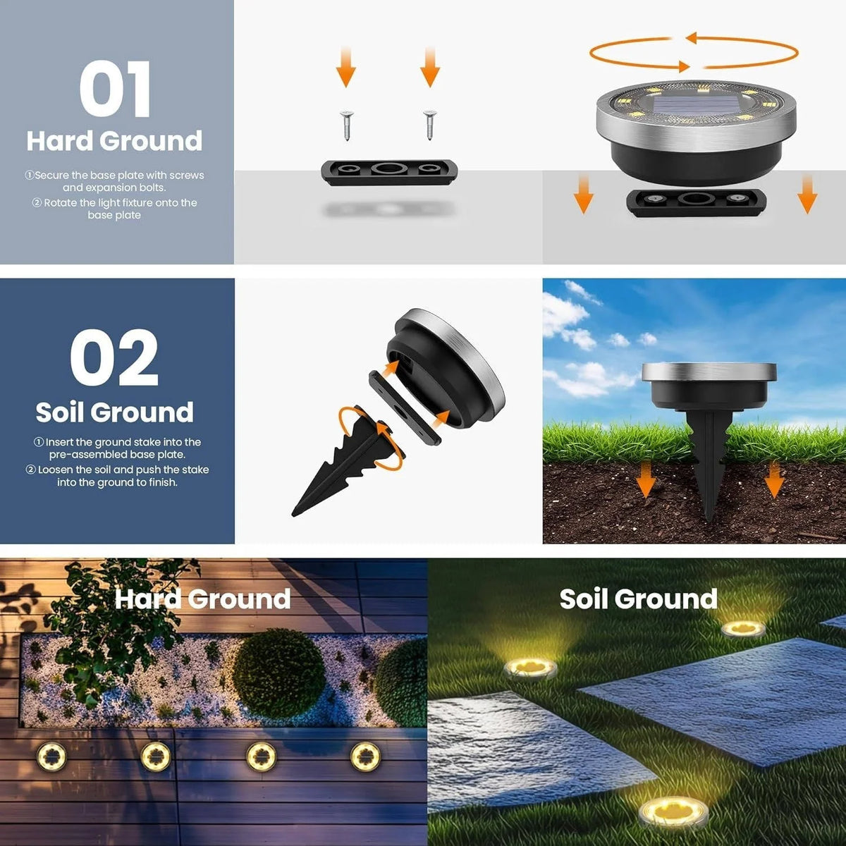 Solar Ground Lights Stainless Steel Dusk-To-Dawn Set of 10
