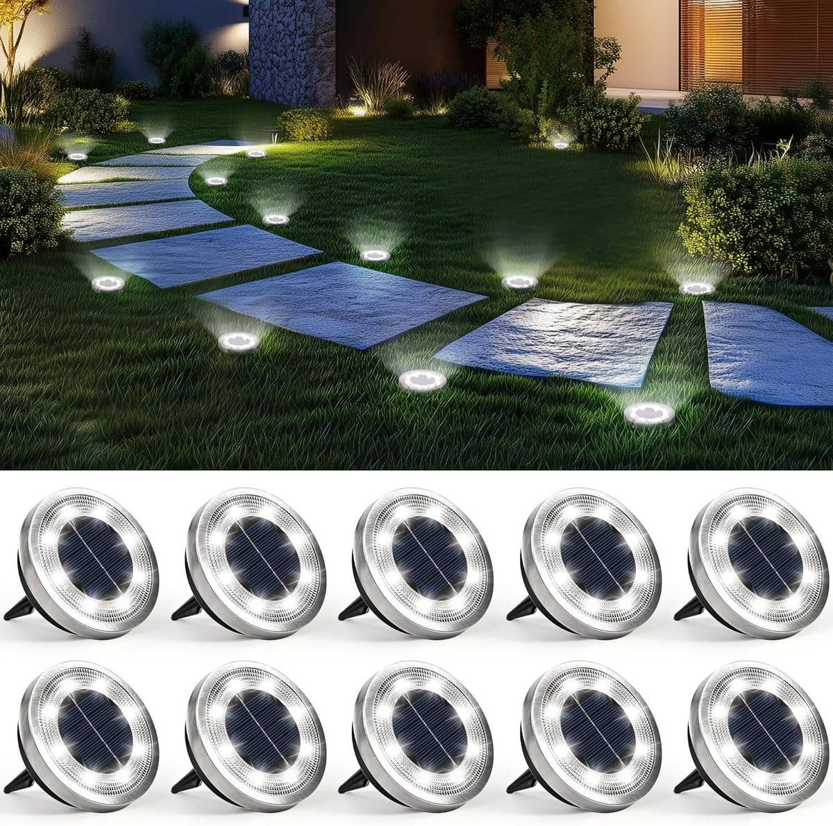 Solar Ground Lights Stainless Steel Dusk-To-Dawn Set of 10