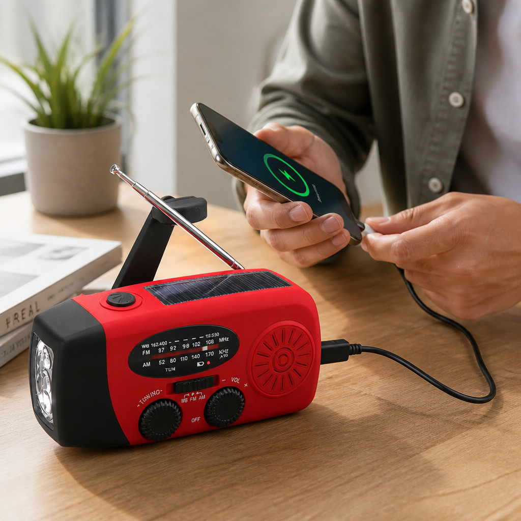 Solar & Hand-Crank Emergency Radio (2000mAh Powerbank & LED Flashlight)