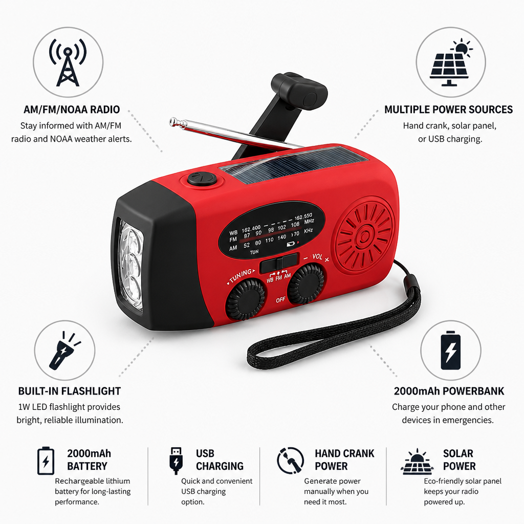Solar & Hand-Crank Emergency Radio (2000mAh Powerbank & LED Flashlight)