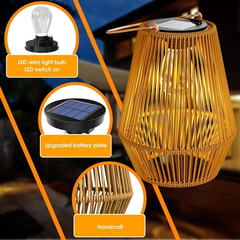 Solar Lantern Woven Rattan IP65 Weather-Resistant
