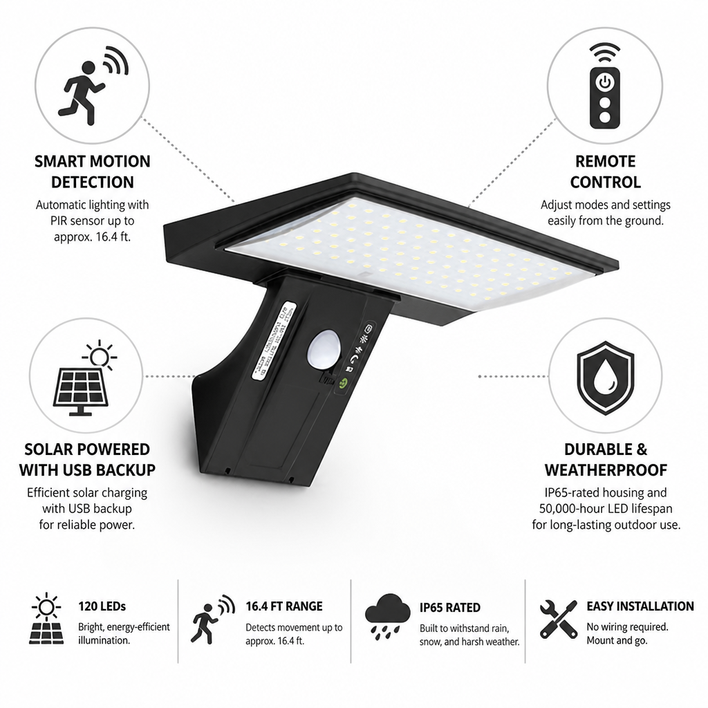 Solar Motion-Sensor & Remote LED Wall Light