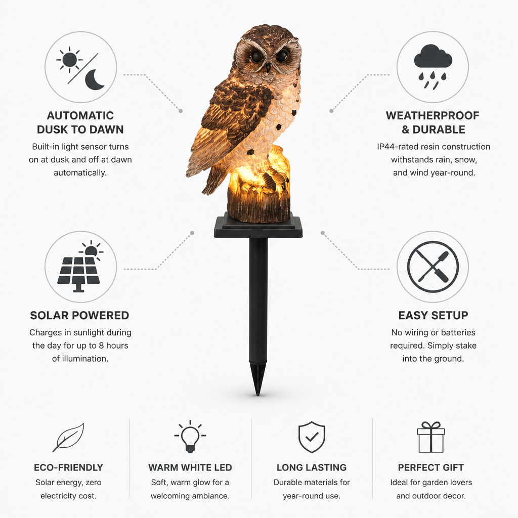 Solar-Powered Auto Dusk-To-Dawn Owl Garden Light