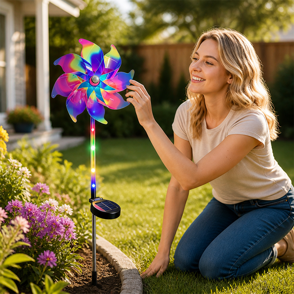 Solar-Powered Colorful LED Garden Windmill