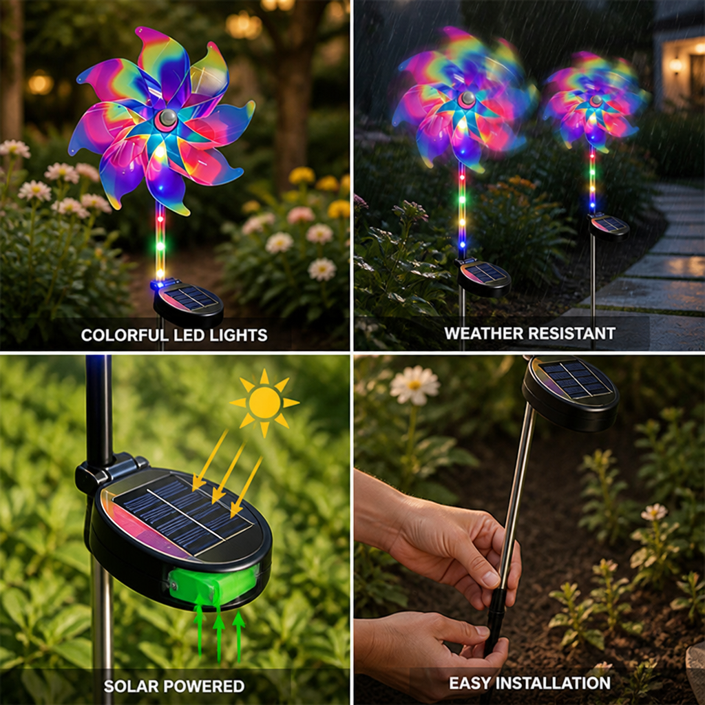 Solar-Powered Colorful LED Garden Windmill