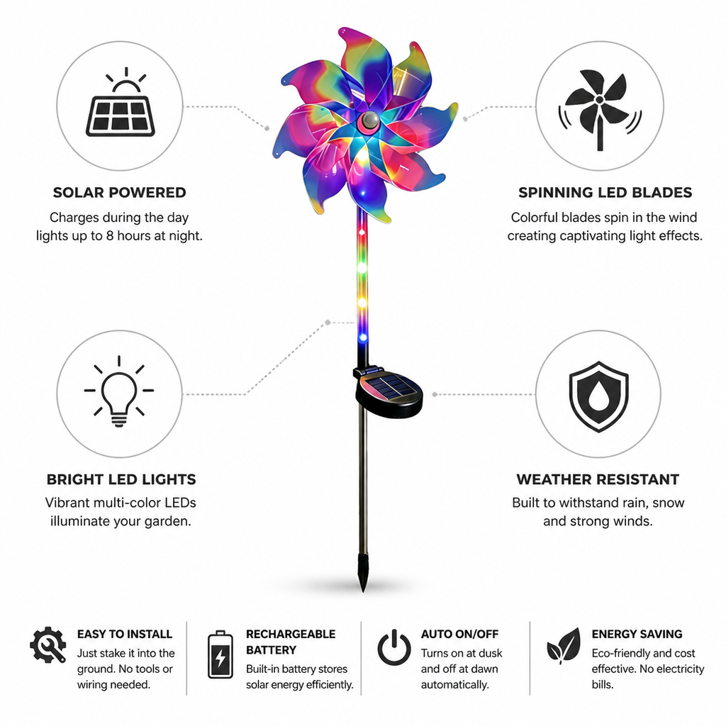 Solar-Powered Colorful LED Garden Windmill