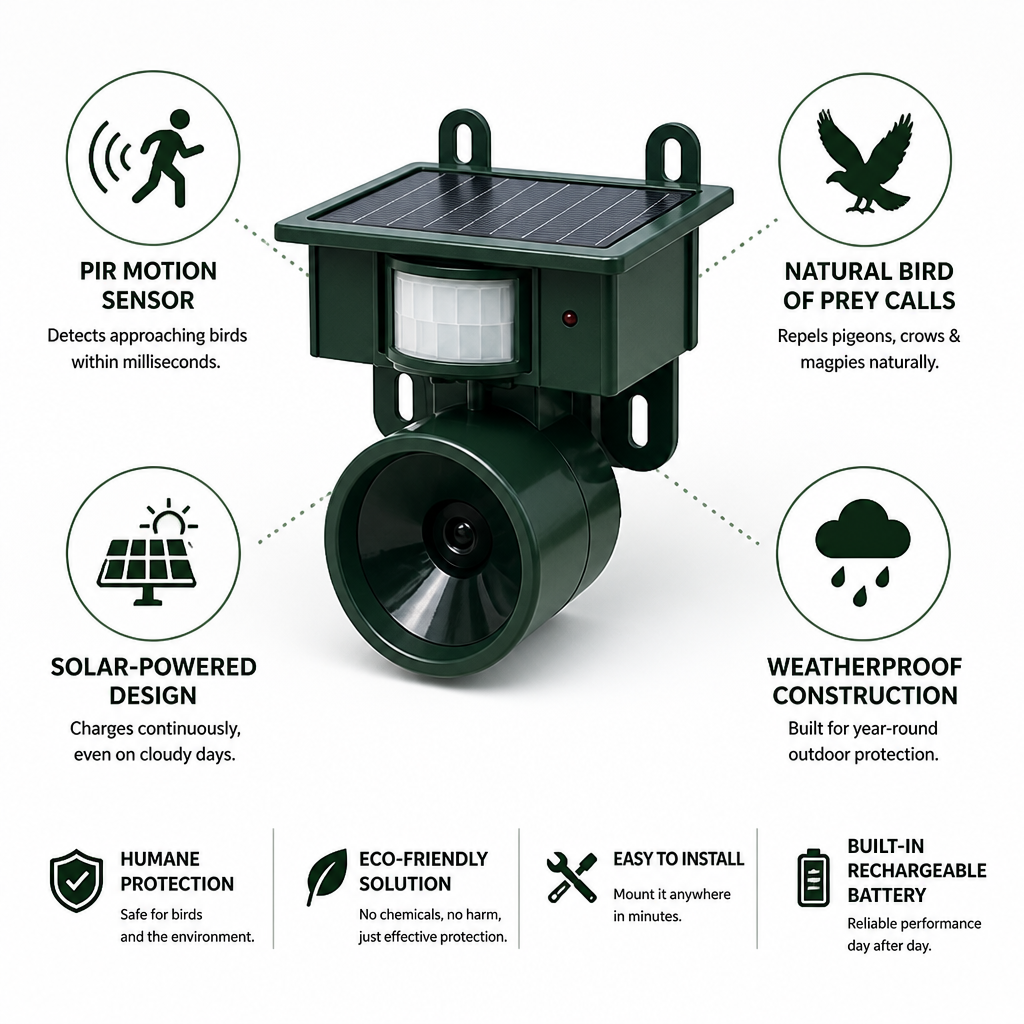 Solar-Powered PIR Sensor Bird Repellent