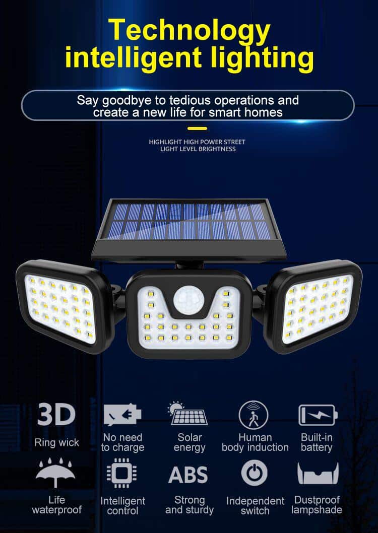 Solar Security Light Three Adjustable Spotlights Motion-Activated IP66 Weather-Resistant