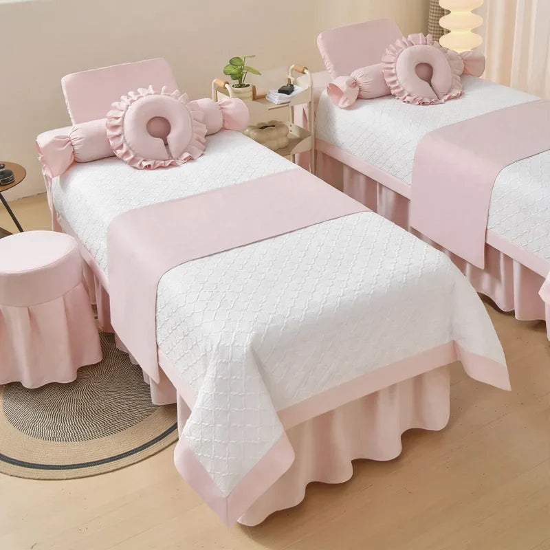 Spa Bed Linen Set Heavy-Duty 4-Piece Cream Geometric