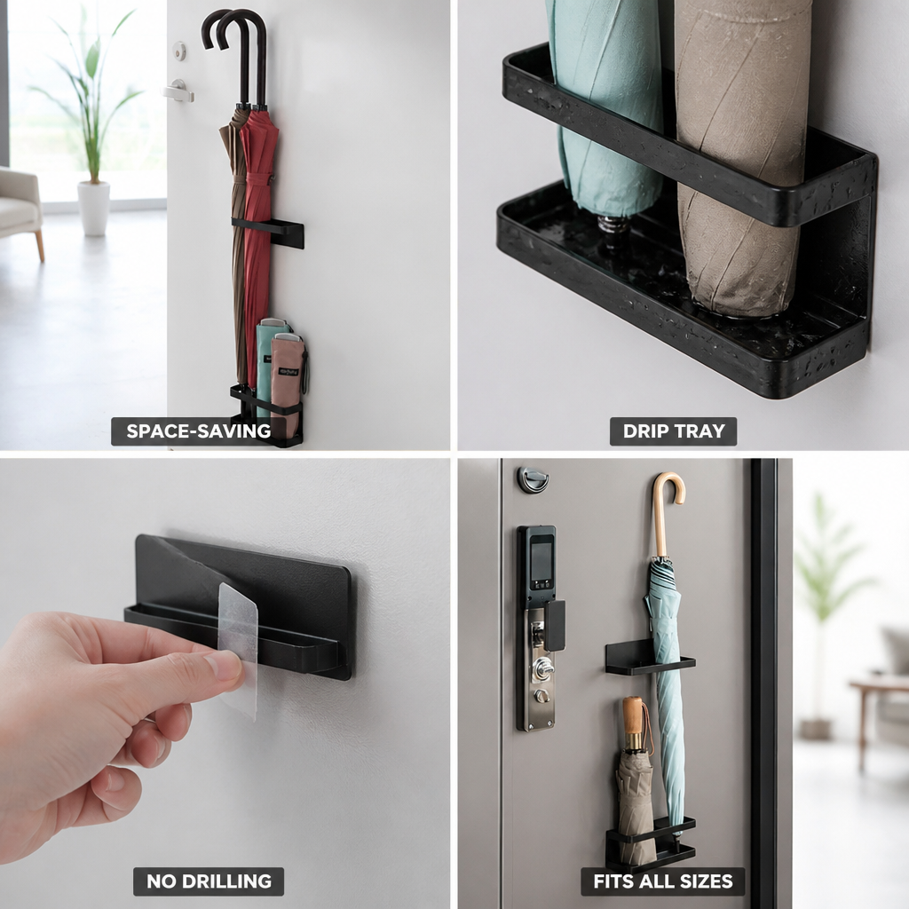 Space-Saving Adhesive Wall-Mount Umbrella Holder (Integrated Drip Tray)
