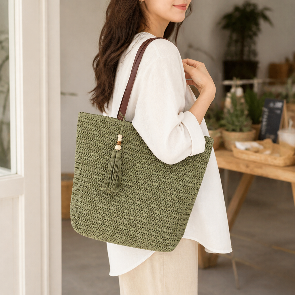 Spacious Braided Natural Shoulder Bag