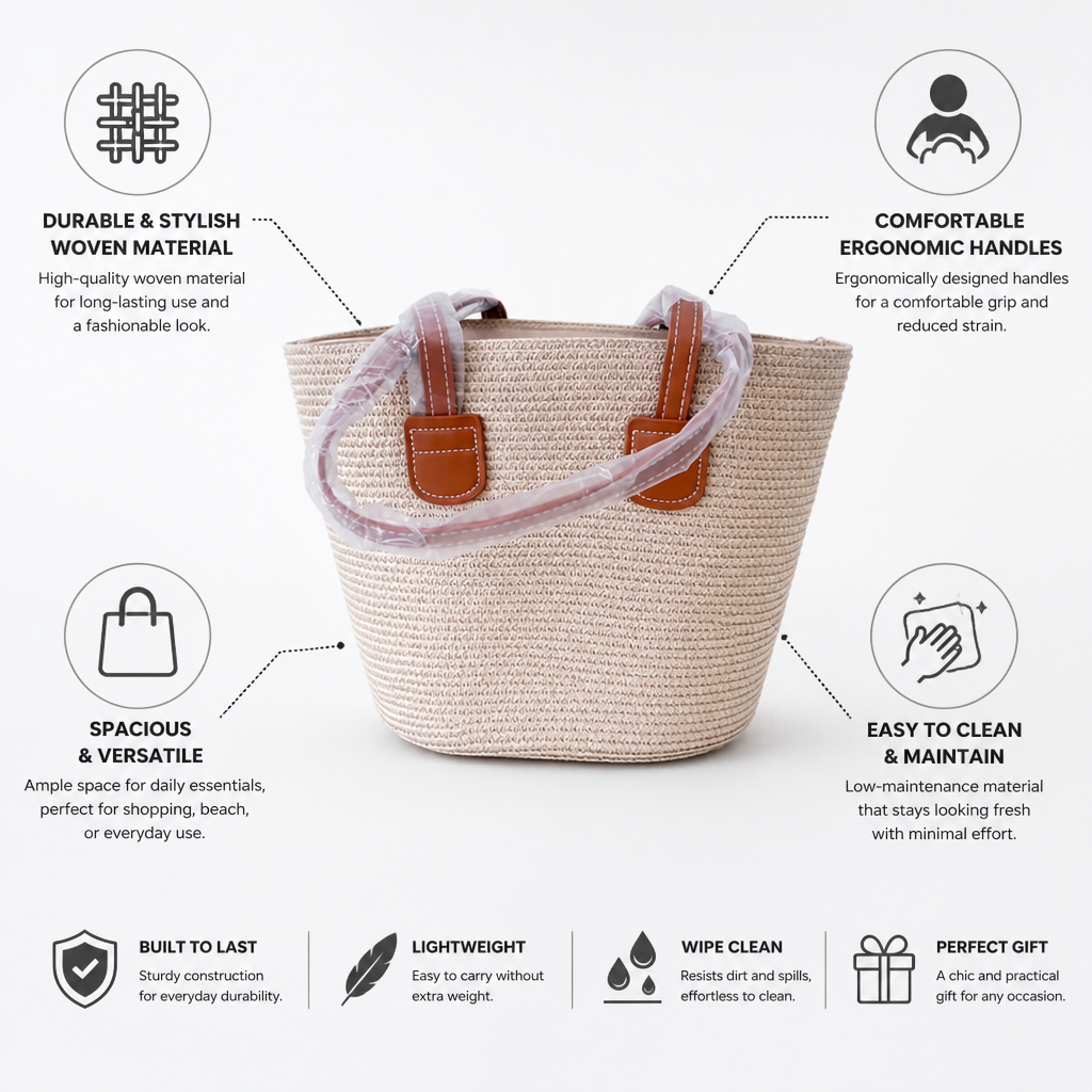 Spacious Durable Woven Tote Bag (Ergonomic Handles)