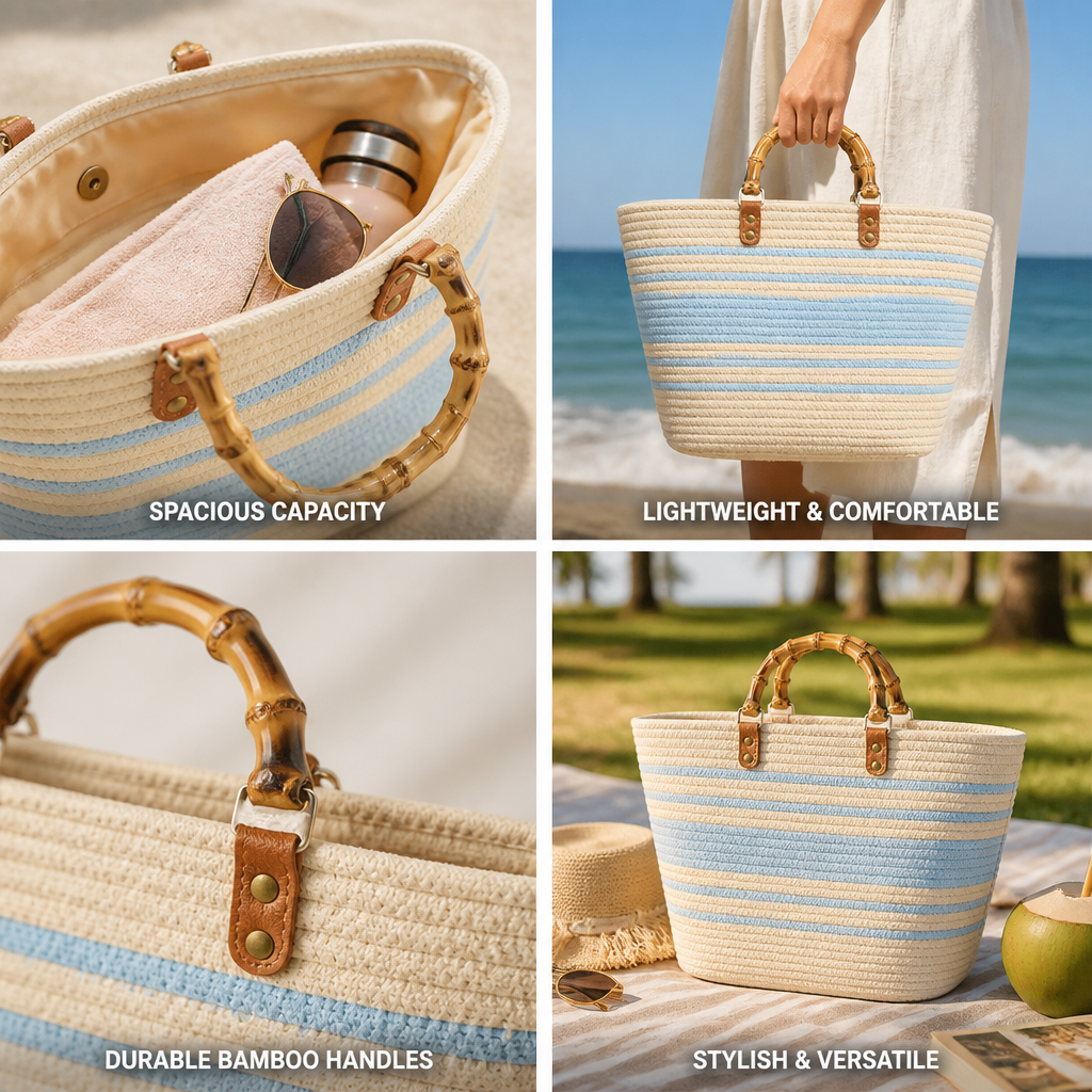 Spacious Eco-Friendly Bamboo-Handle Beach Tote