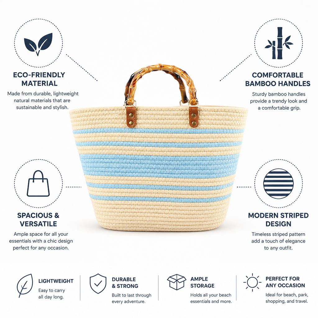Spacious Eco-Friendly Bamboo-Handle Beach Tote