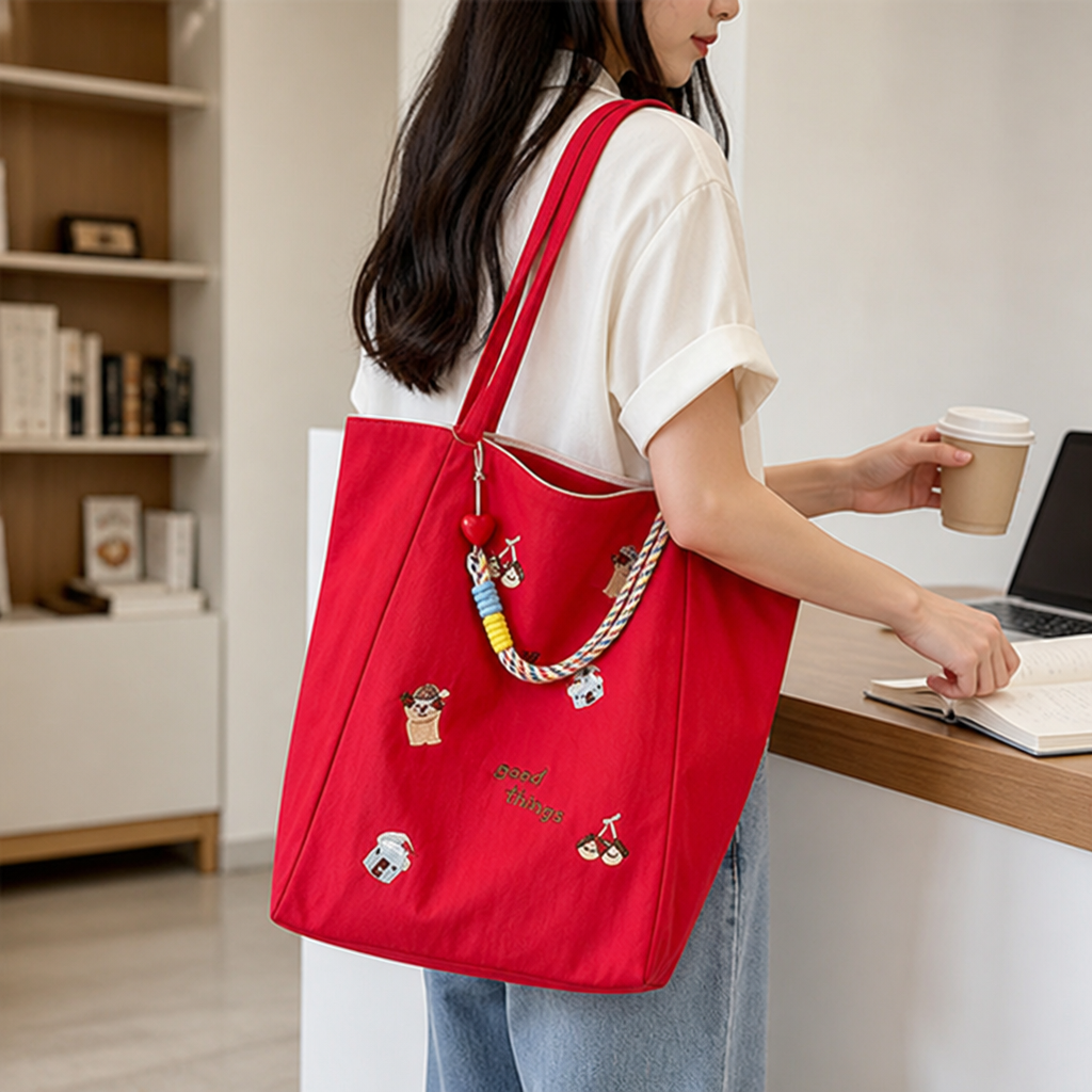 Spacious Embroidered Lightweight Tote (Long Handles)
