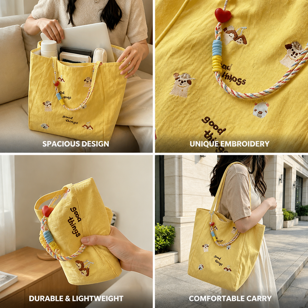 Spacious Embroidered Lightweight Tote (Long Handles)