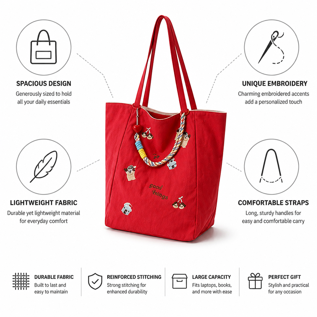 Spacious Embroidered Lightweight Tote (Long Handles)