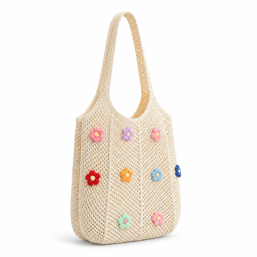 Spacious Floral Appliqué Crochet Tote Bag