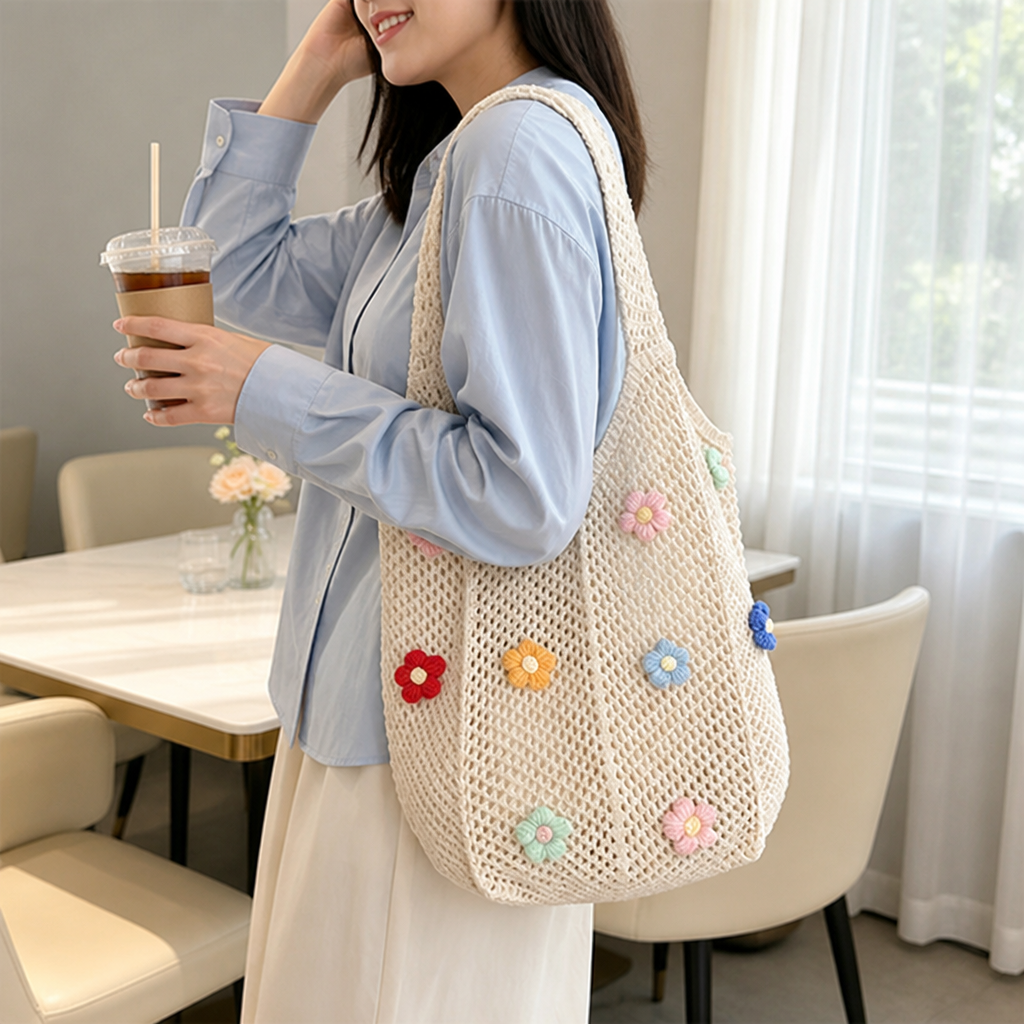 Spacious Floral Appliqué Crochet Tote Bag