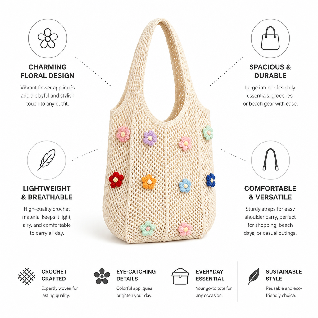 Spacious Floral Appliqué Crochet Tote Bag