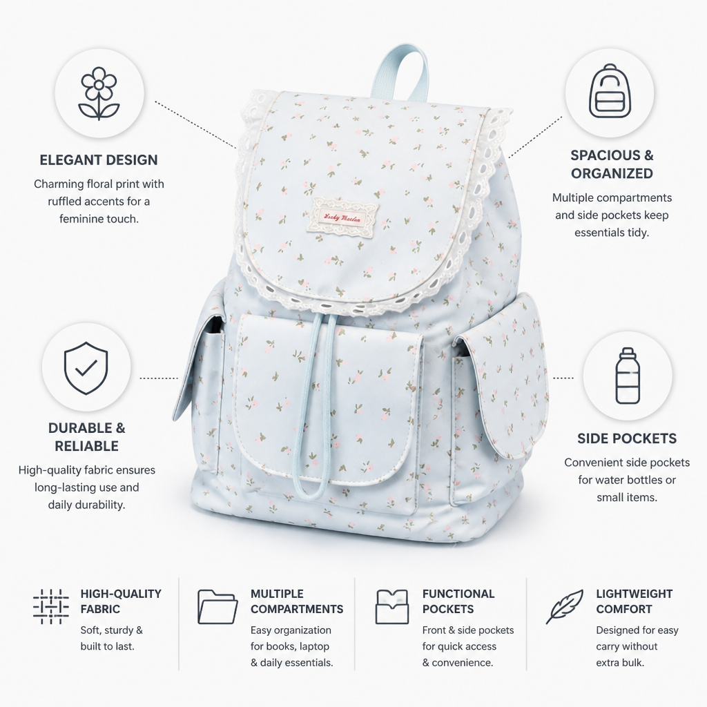 Spacious Floral Ruffle School Backpack