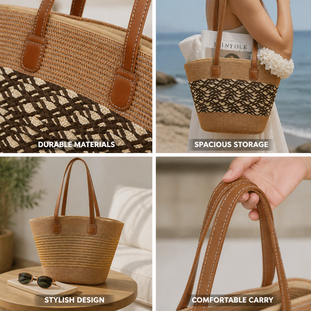Spacious Hand-Woven Straw & Faux Leather Tote Bag