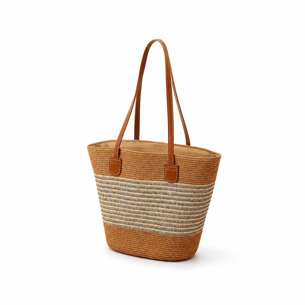 Spacious Hand-Woven Straw & Faux Leather Tote Bag