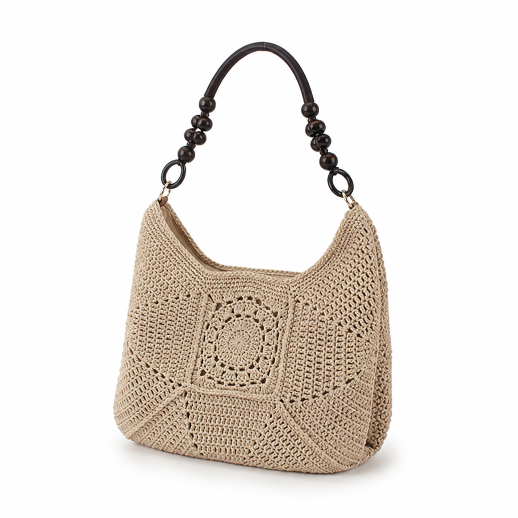 Spacious Handcrafted Crochet Handbag With Wooden Handles