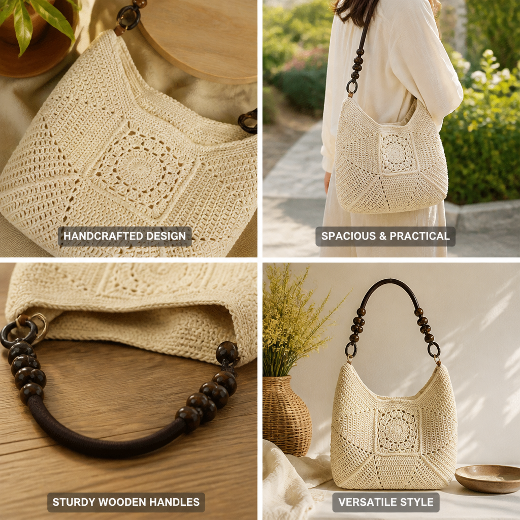 Spacious Handcrafted Crochet Handbag With Wooden Handles