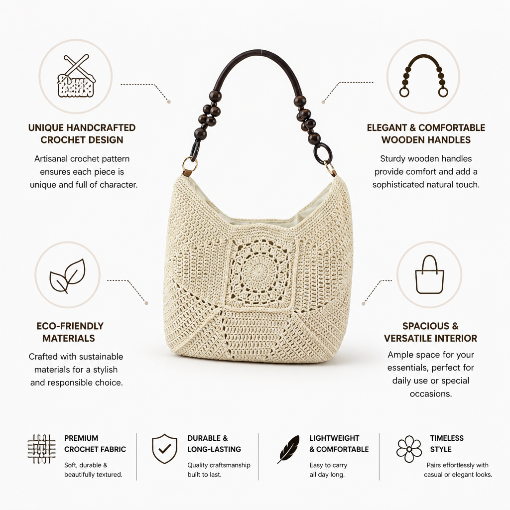 Spacious Handcrafted Crochet Handbag With Wooden Handles