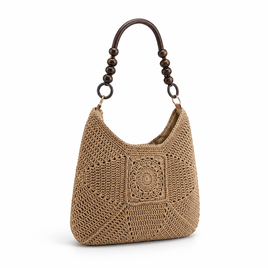 Spacious Handcrafted Crochet Handbag With Wooden Handles
